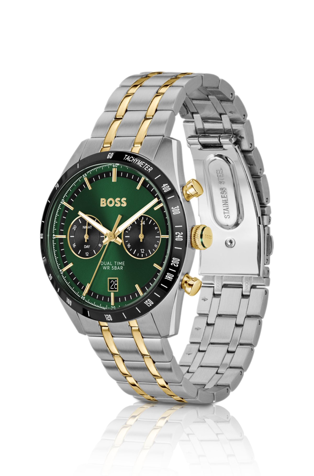 Orologio con quadrante verde e cinturino effetto oro