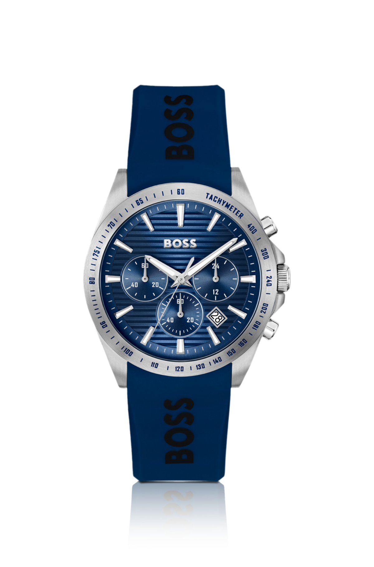 Orologio cronografo con cinturino logo e quadrante blu a texture