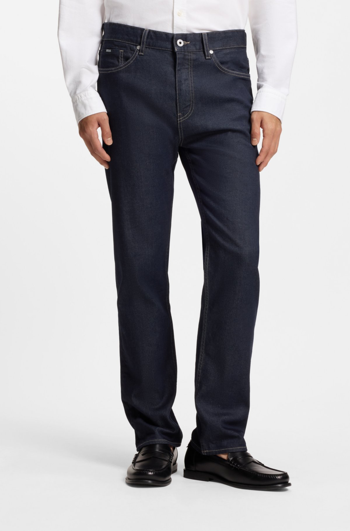 Jeans dritti indigo in denim elasticizzato