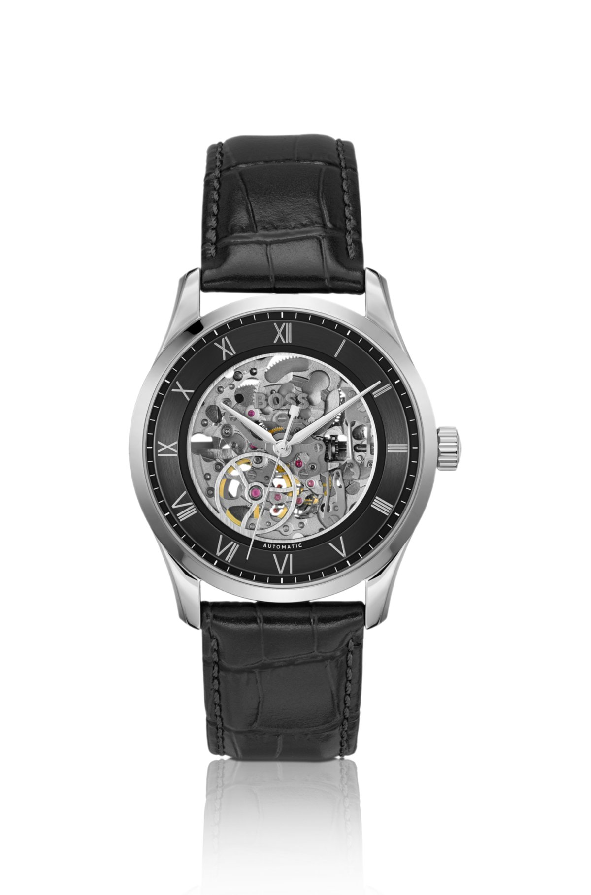 OROLOGIO CON CINTURINO IN PELLE PRINCIPLE SKELETON con movimento automatico giapponese a scheletro