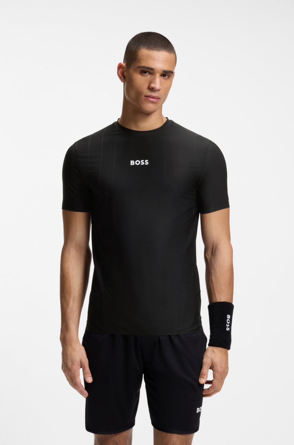 T-shirt aderente in tessuto jacquard con logo e righe
