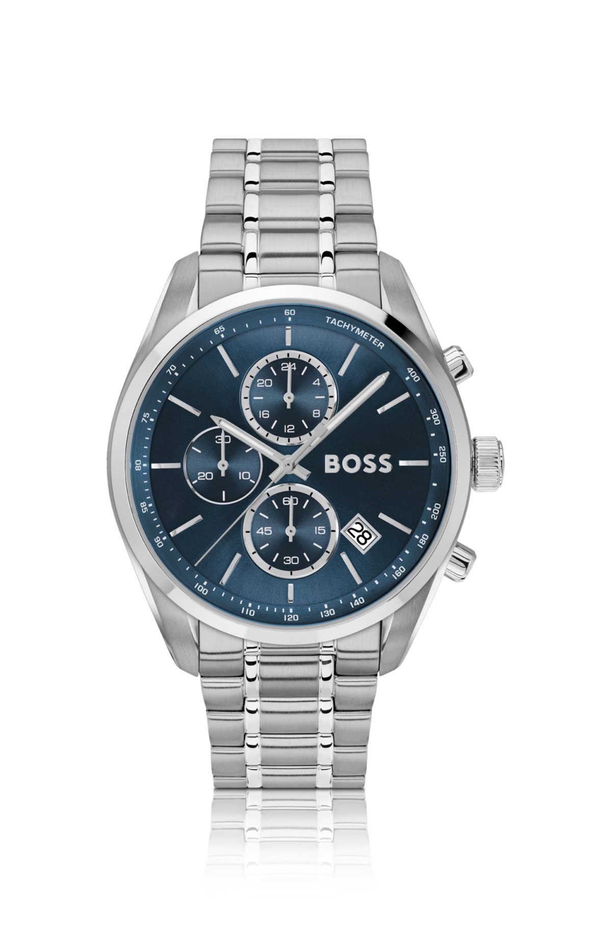 Orologio cronografo con quadrante blu in acciaio tono argento