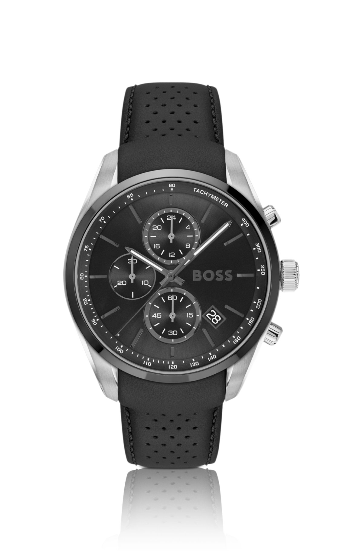 Orologio cronografo con cinturino in pelle e quadrante nero