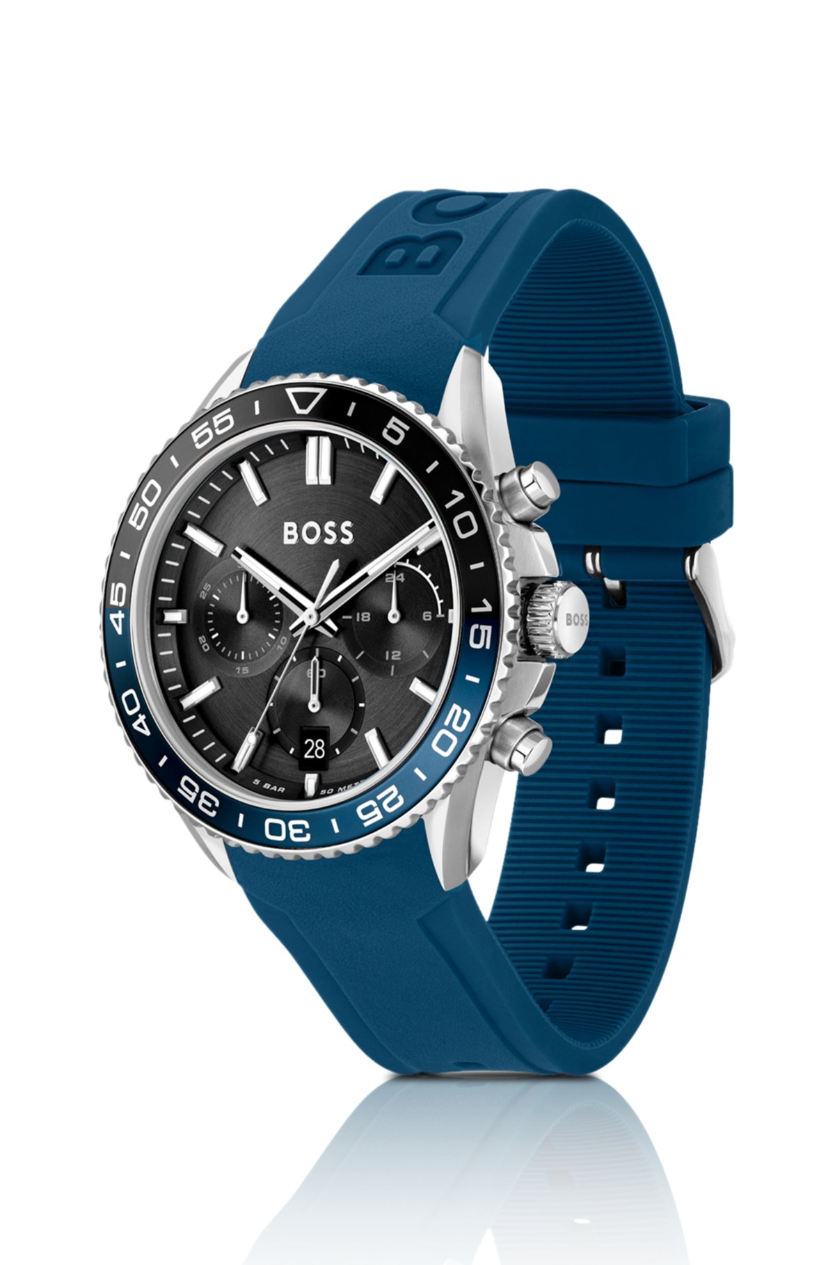 Orologio cronografo con quadrante nero e cinturino in silicone blu