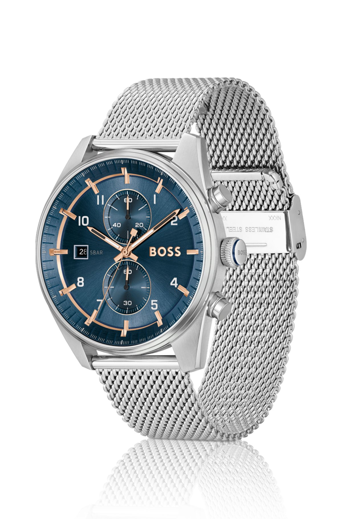 Orologio cronografo con quadrante blu e bracciale in maglia