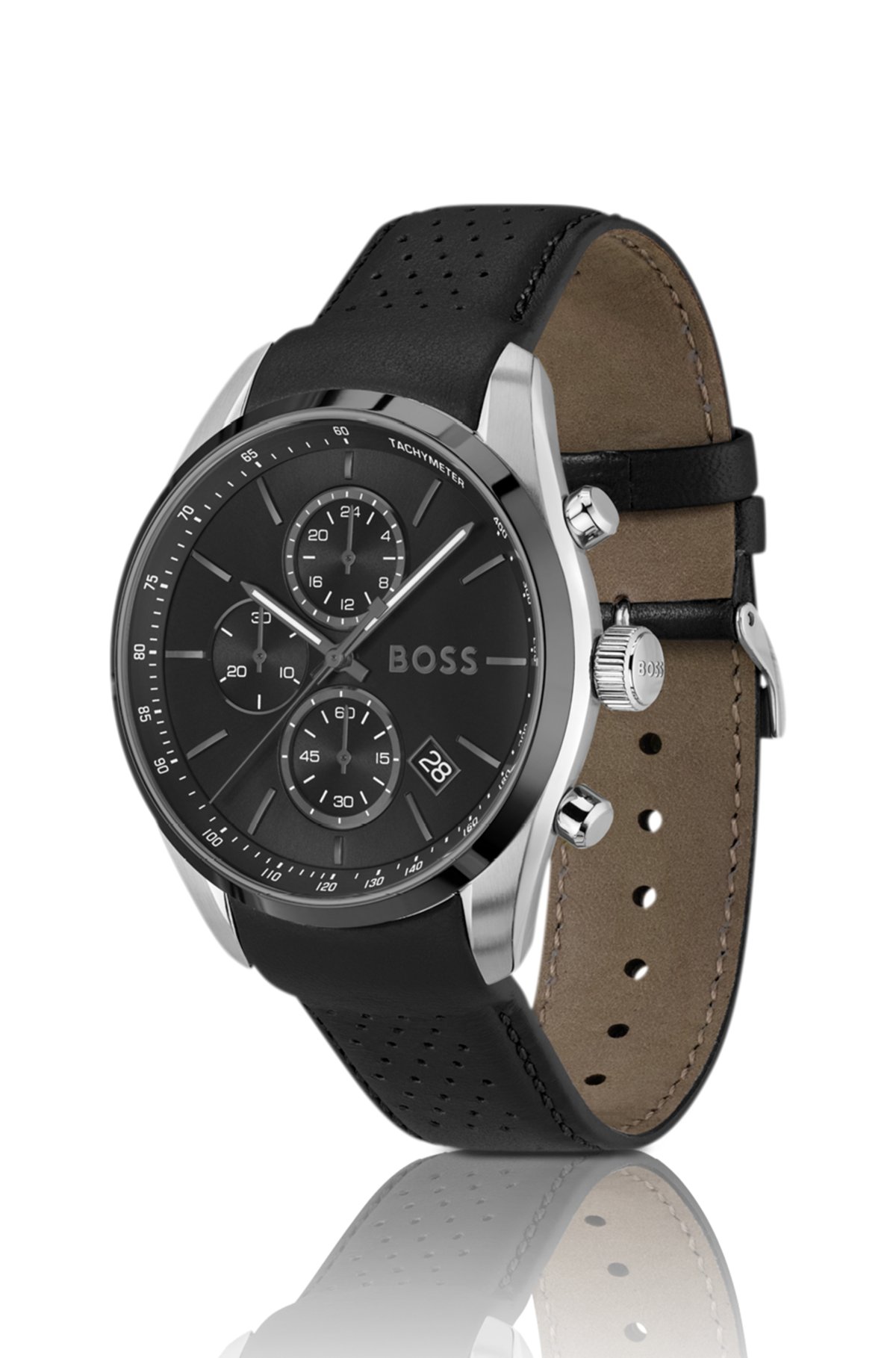 Orologio cronografo con cinturino in pelle e quadrante nero