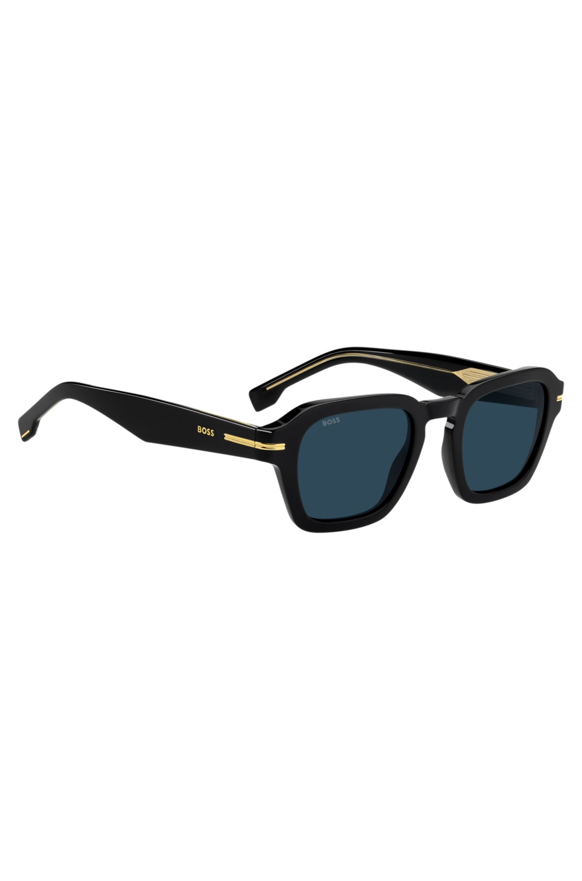 Occhiali da sole in acetato nero con finiture dorate