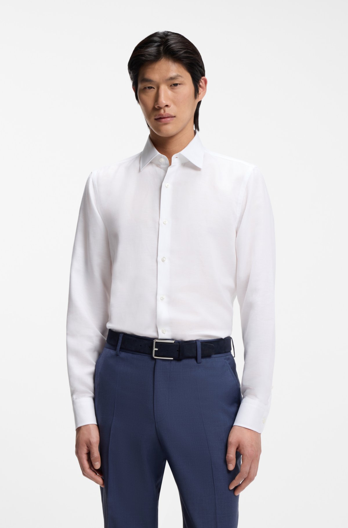 Camicia a vestibilità aderente in twill con miscela di lino