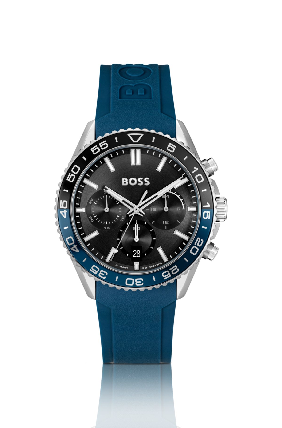 Orologio cronografo con quadrante nero e cinturino in silicone blu