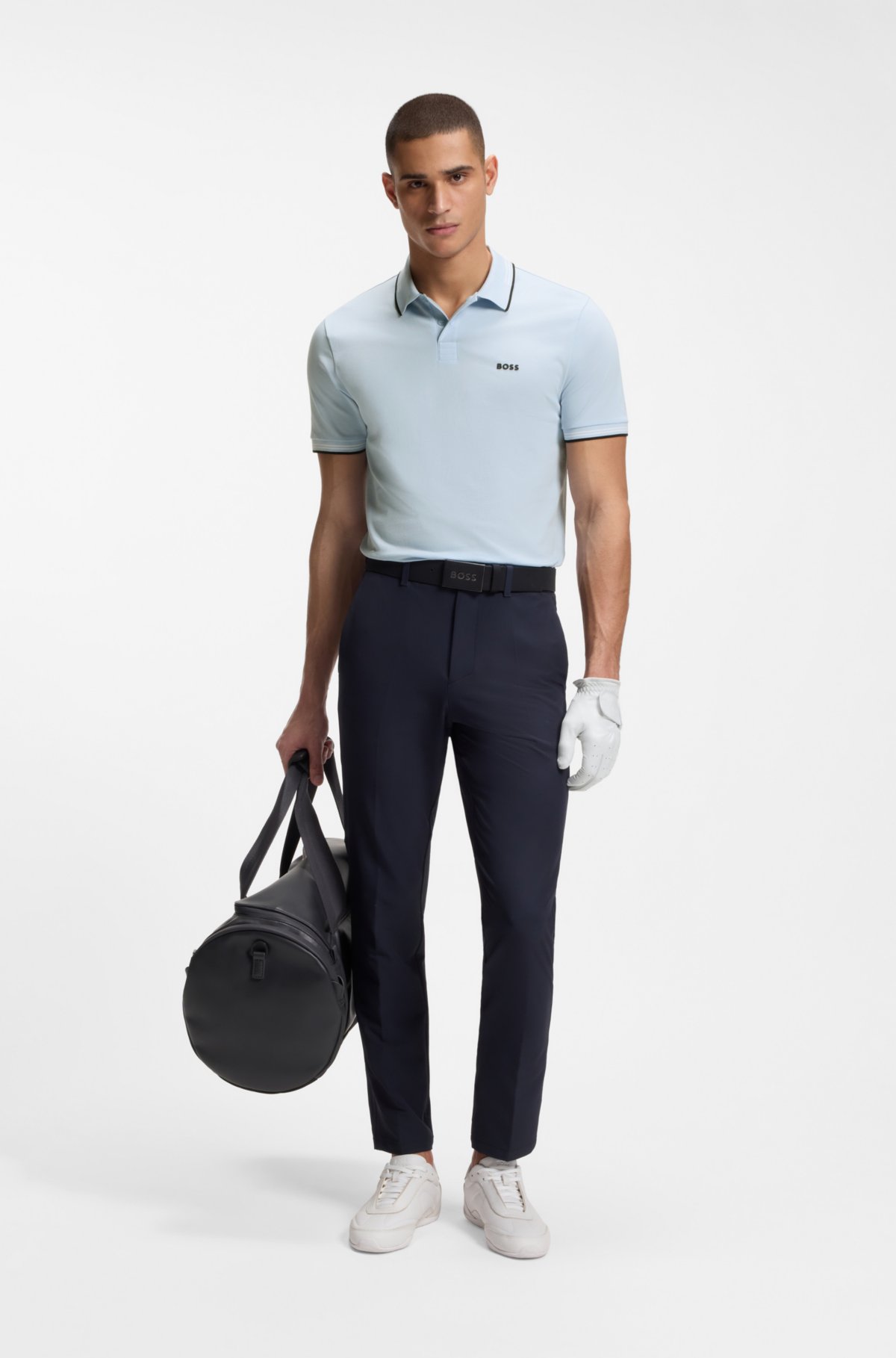 Maglietta polo aderente in cotone elasticizzato con logo e righe