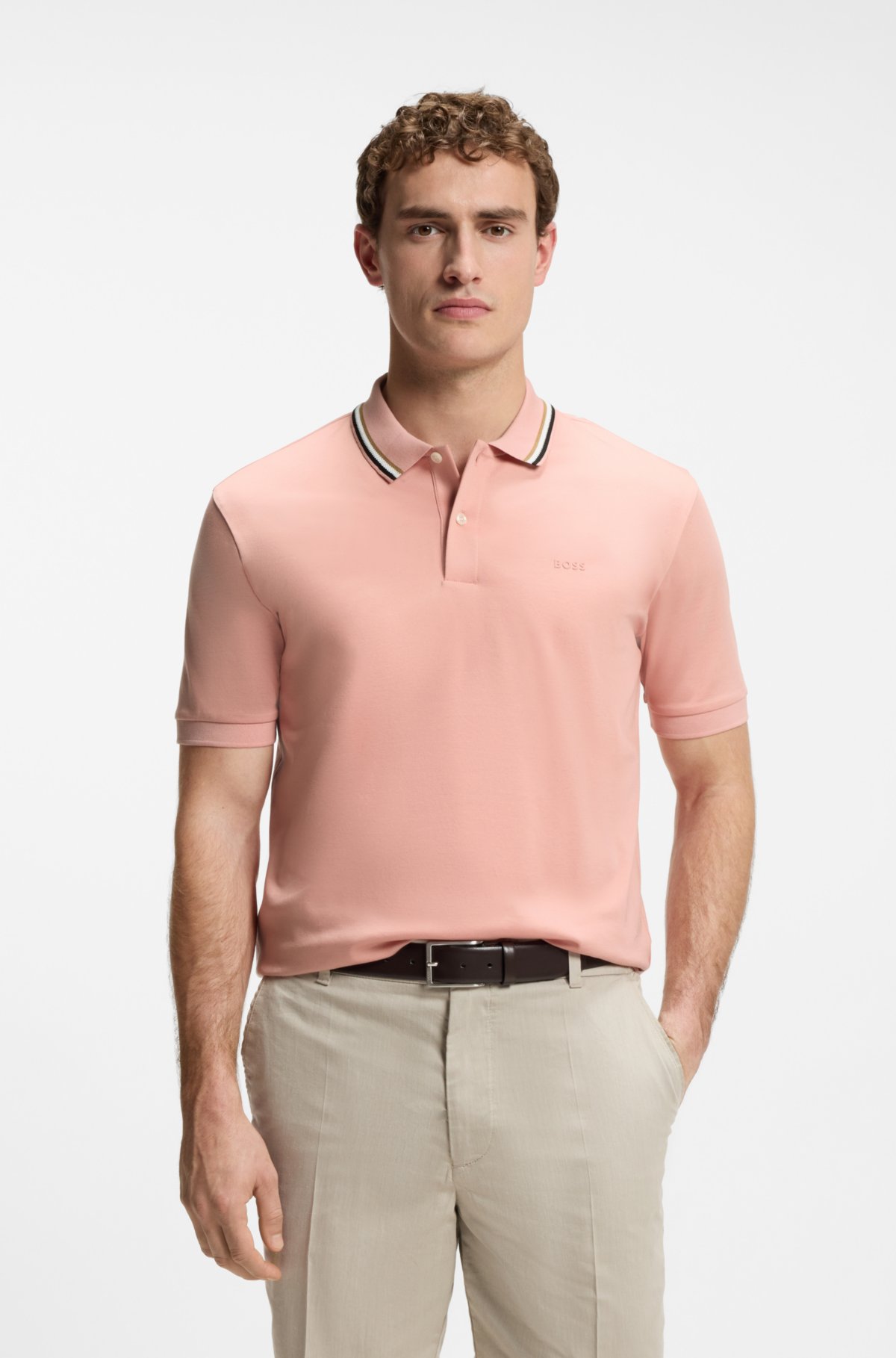 Maglietta polo slim fit in cotone con collo a strisce e logo