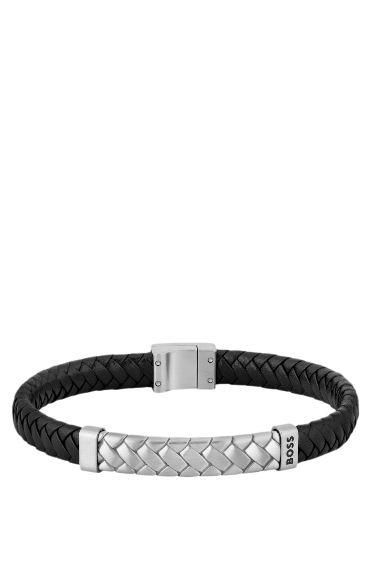 Bracciale in pelle intrecciata nera con hardware a losanga