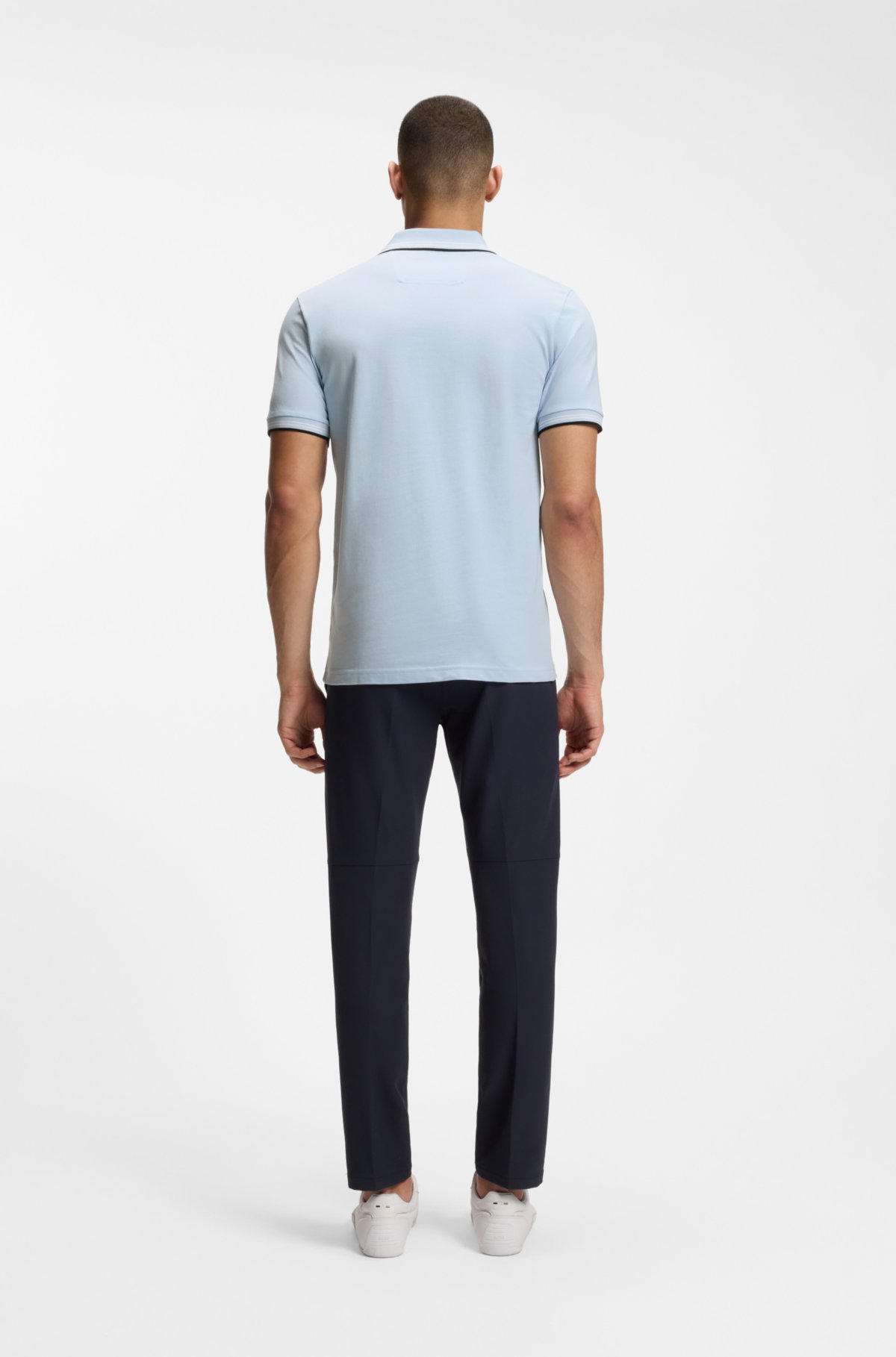 Maglietta polo aderente in cotone elasticizzato con logo e righe