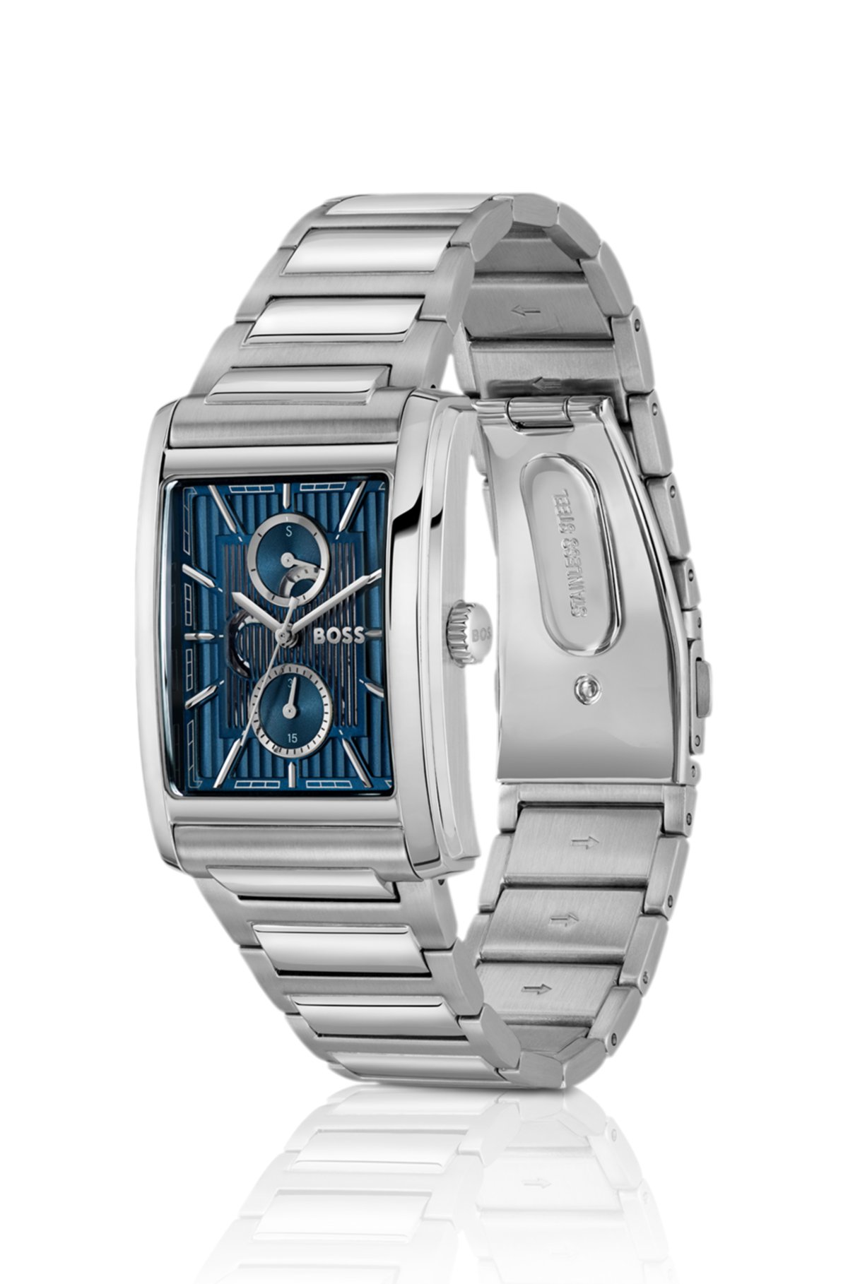 Orologio da polso con cinturino a catena e quadrante scheletrato blu in rilievo