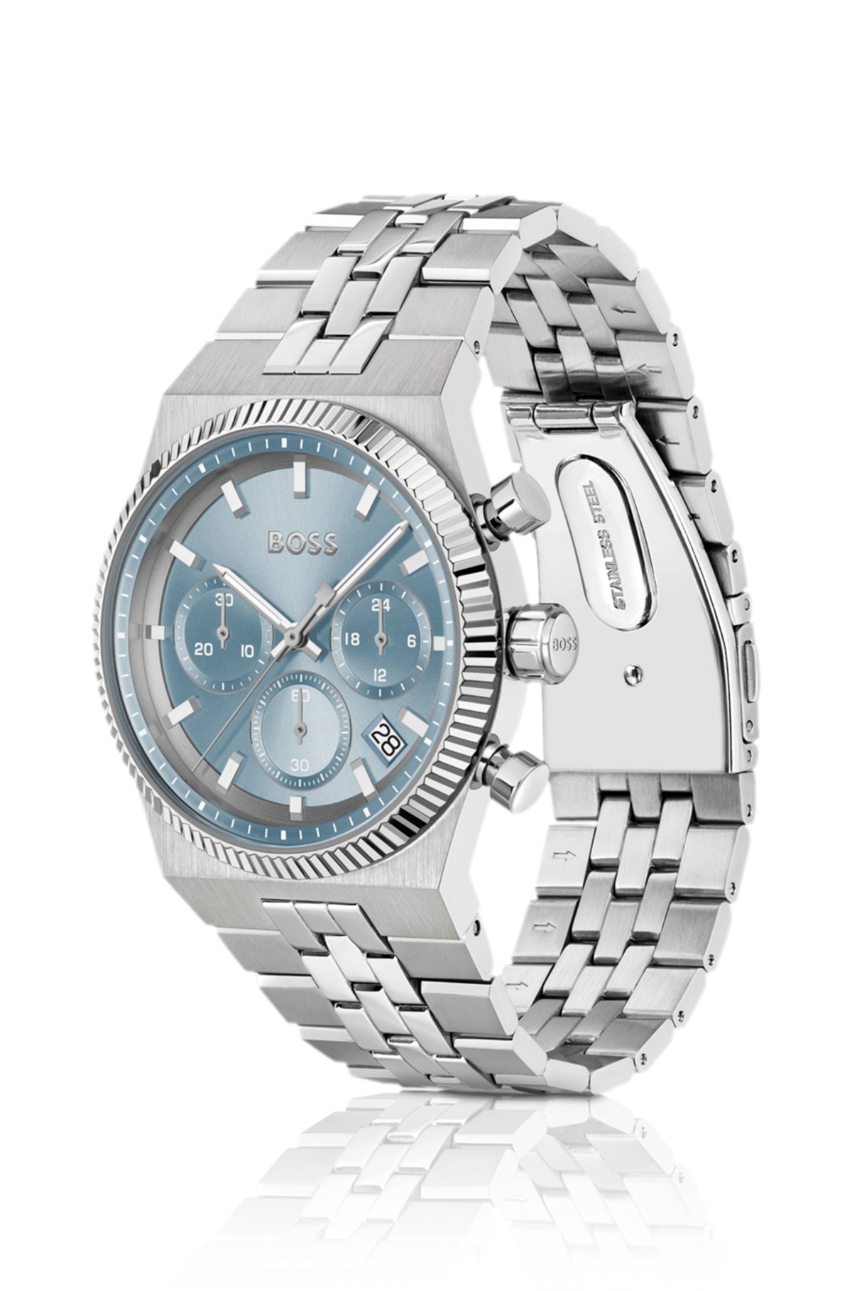 Orologio cronografo con quadrante blu e bevelatura a spina