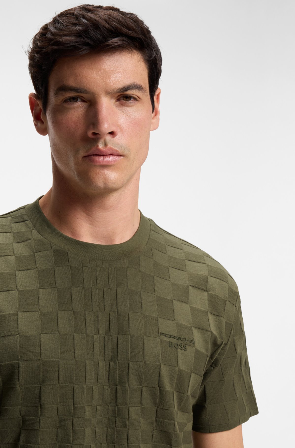 T-shirt uomo in cotone jacquard con stampa Porsche x BOSS