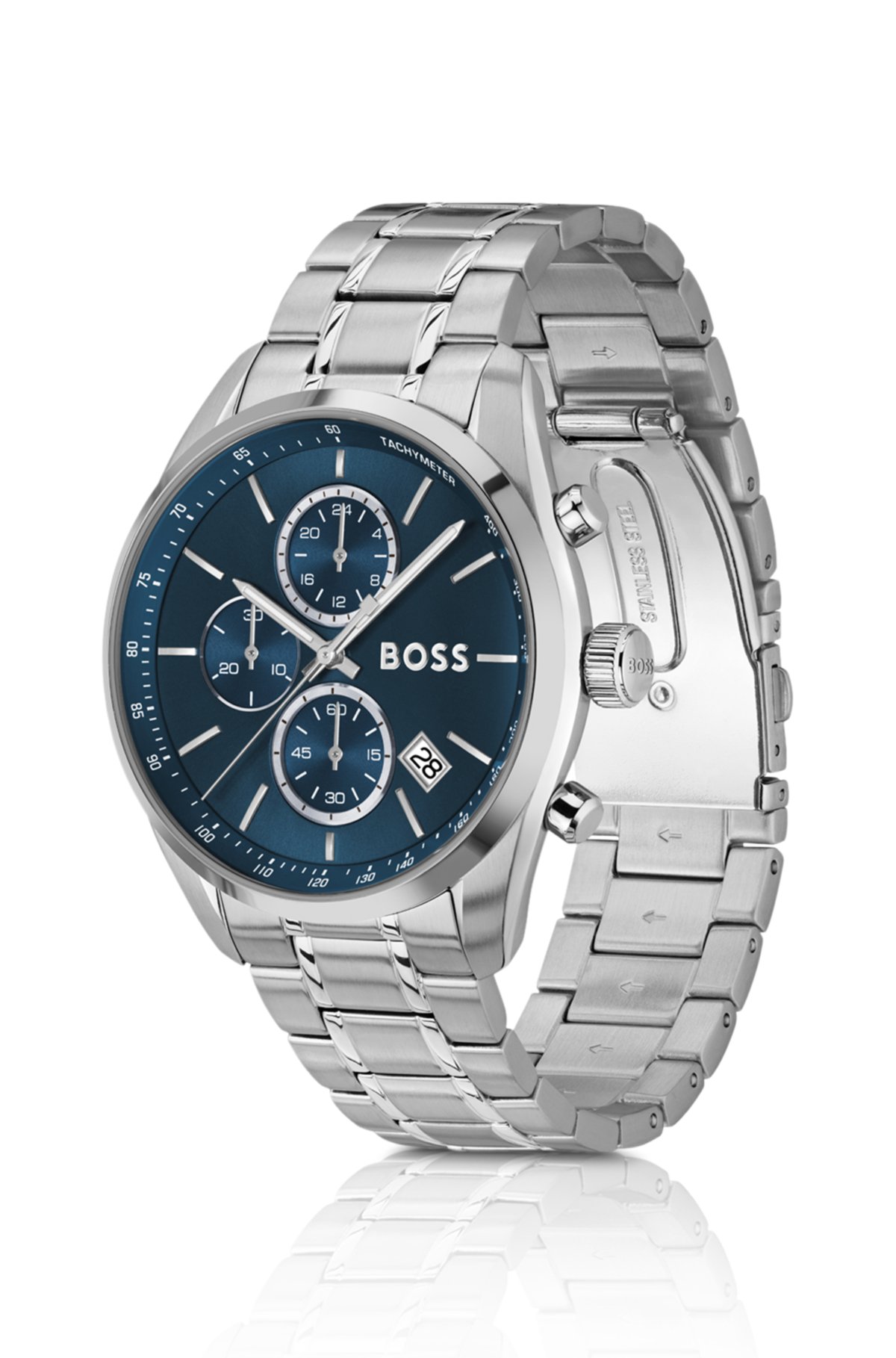 Orologio cronografo con quadrante blu in acciaio tono argento