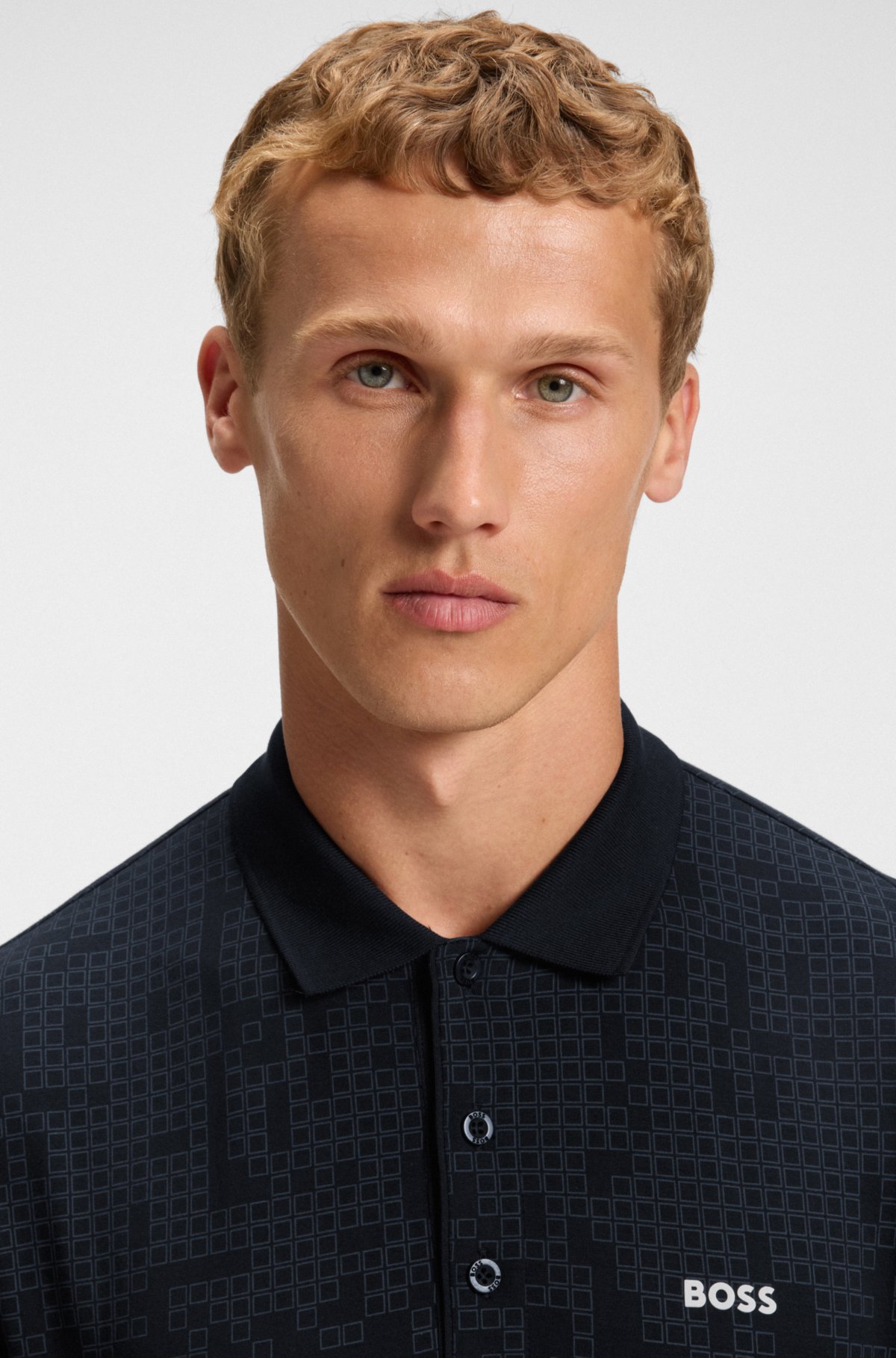 Maglietta polo in jersey di cotone elasticizzato con stampa overprint