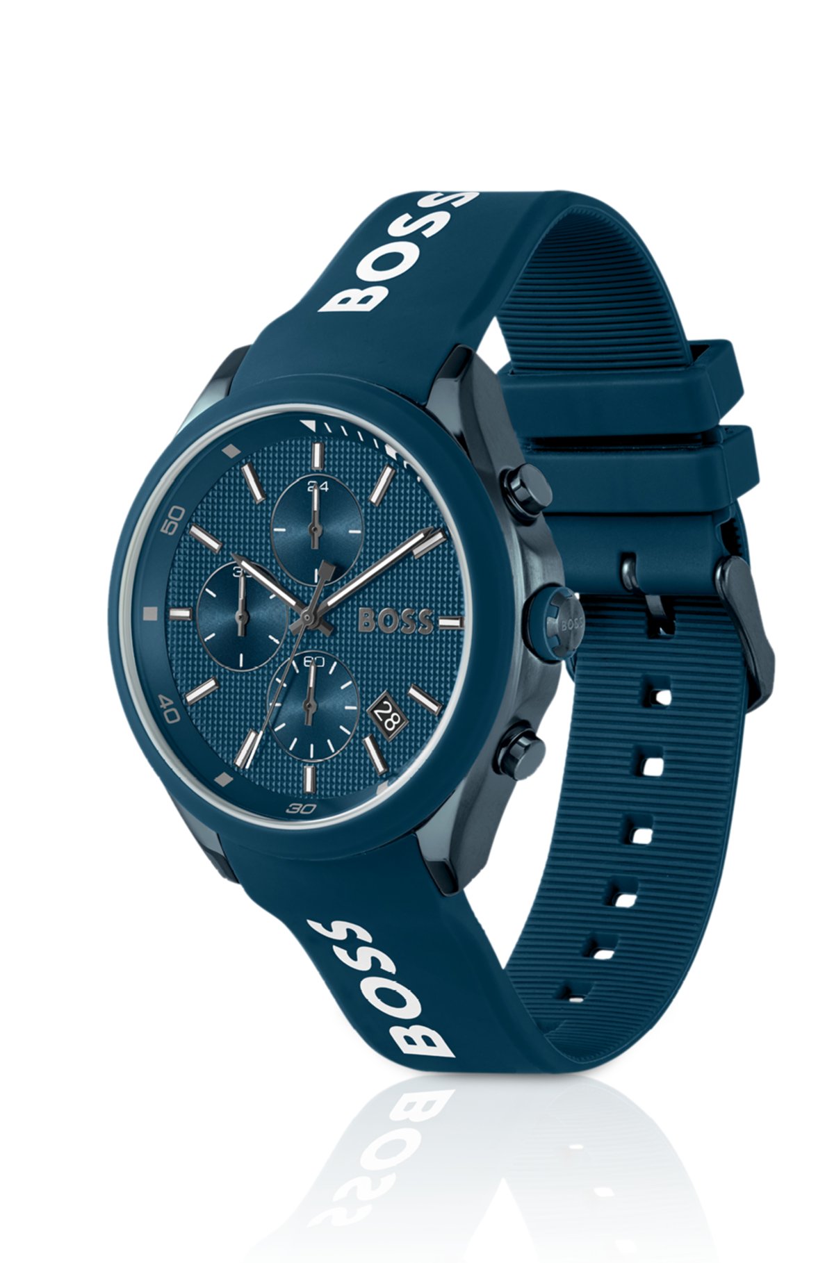 Orologio cronografo con placcatura blu e cinturino in silicone blu