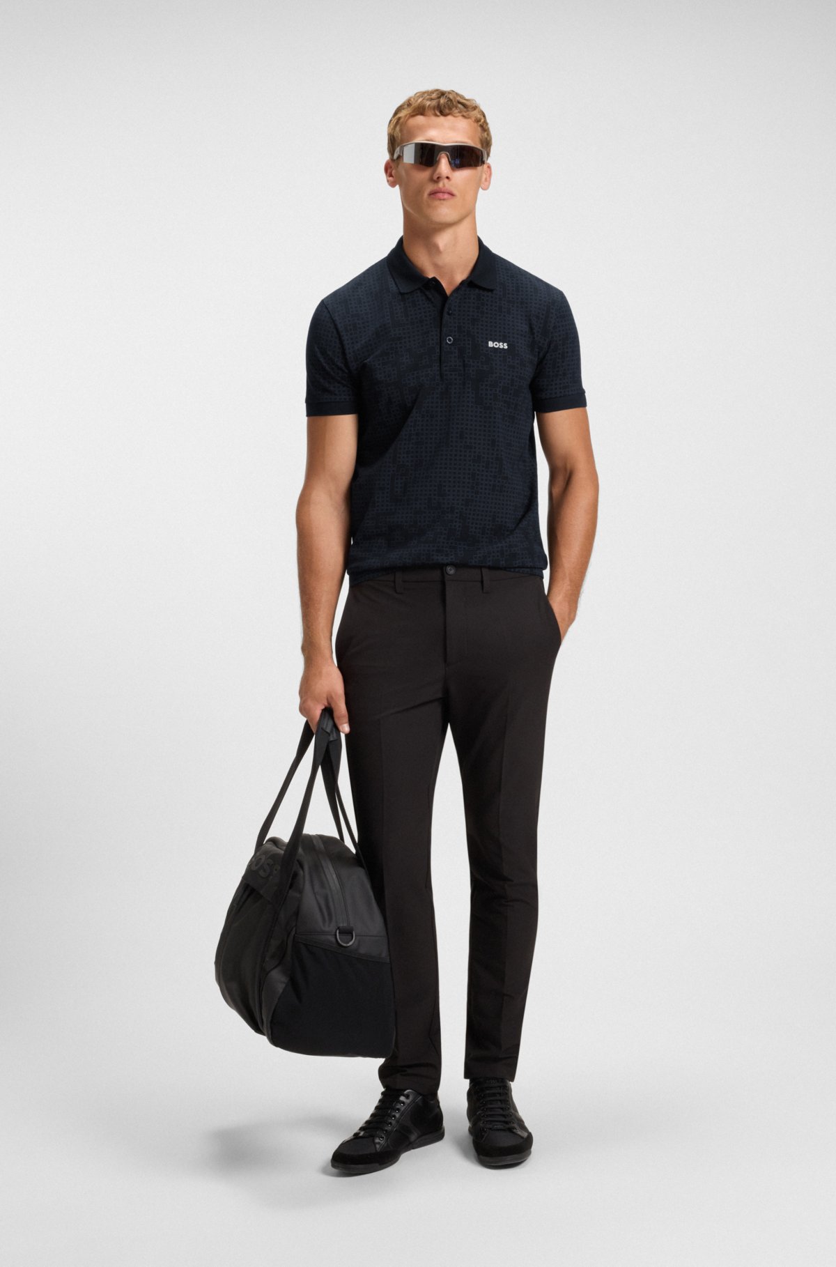 Maglietta polo in jersey di cotone elasticizzato con stampa overprint