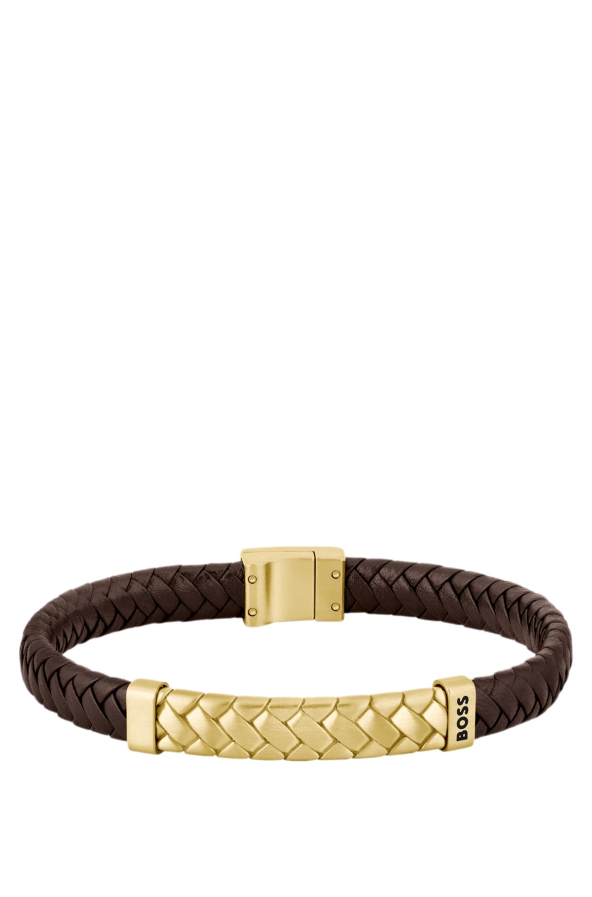 Polsiera in pelle marrone con disegno a herringbone