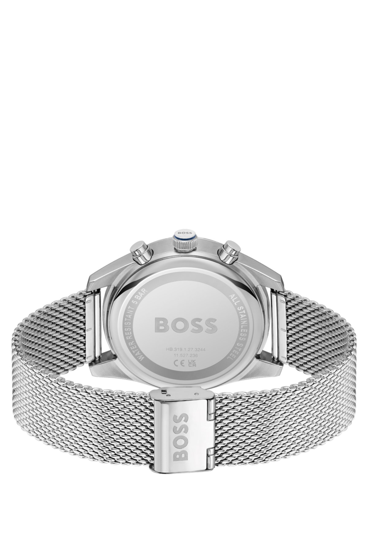 Orologio cronografo con quadrante blu e bracciale in maglia