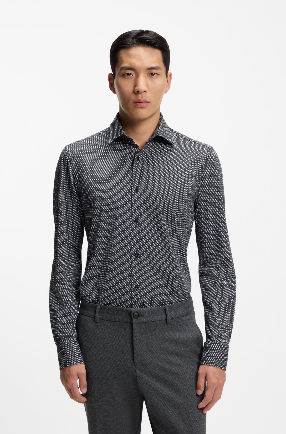 Camicia a vestibilità aderente in tessuto elasticizzato made in Italy