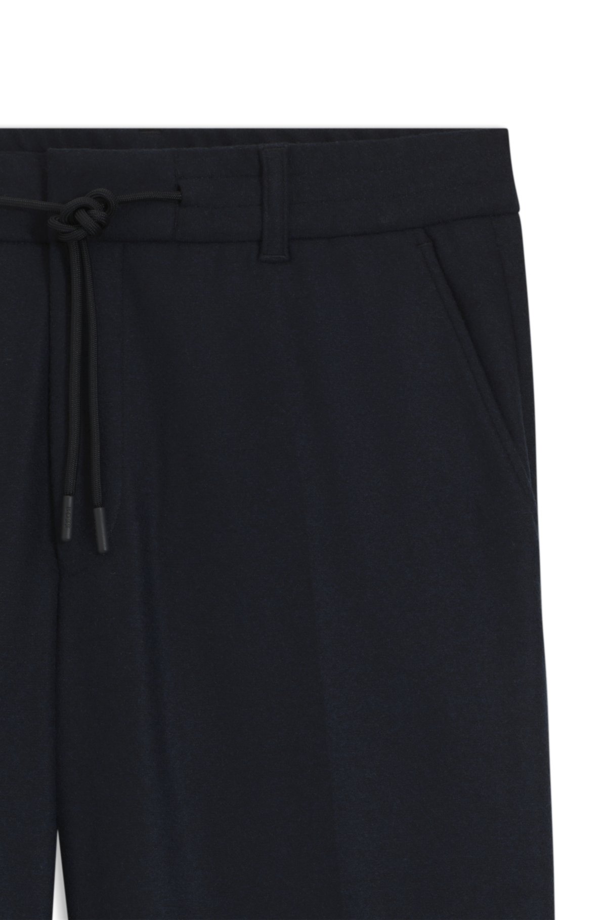 Pantaloni in flanella elastica con taglio arrotondato e lavorato