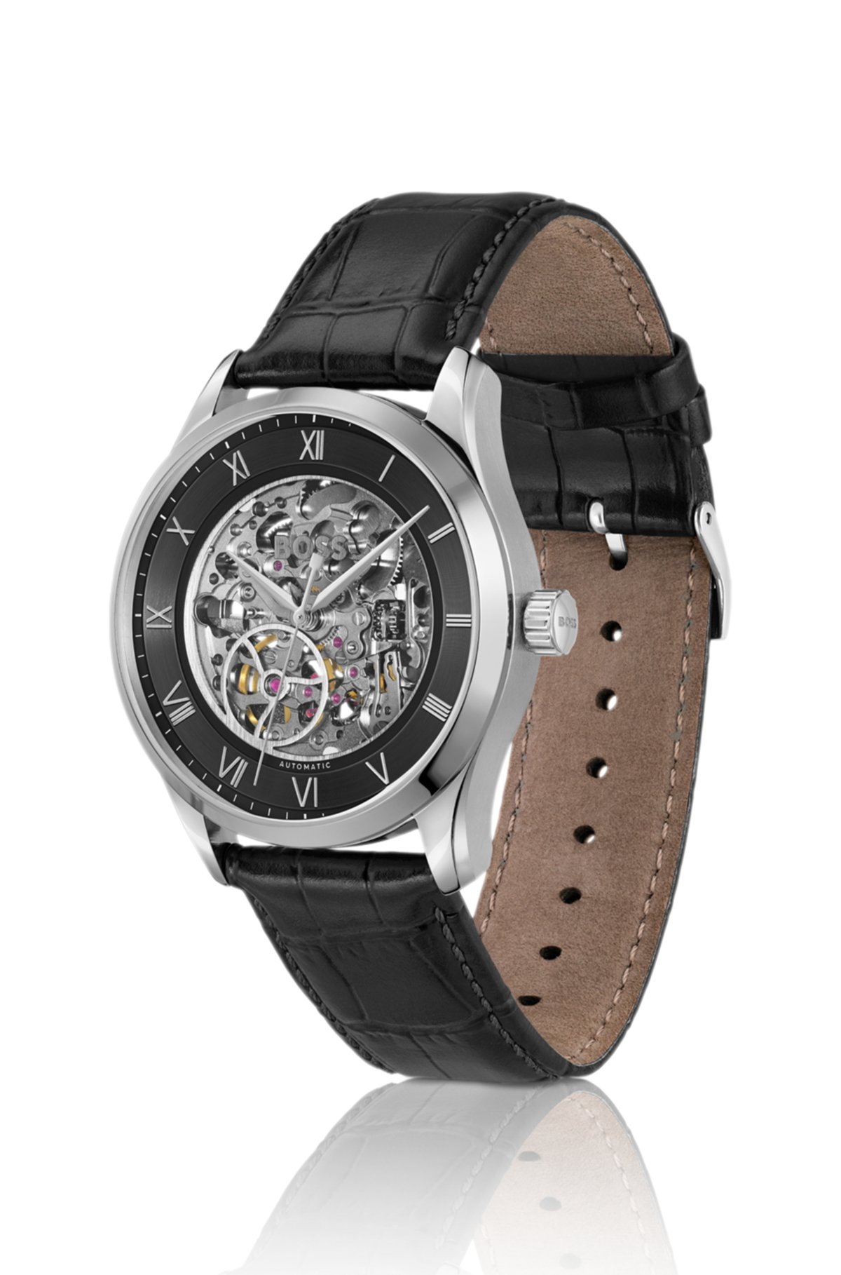 OROLOGIO CON CINTURINO IN PELLE PRINCIPLE SKELETON con movimento automatico giapponese a scheletro