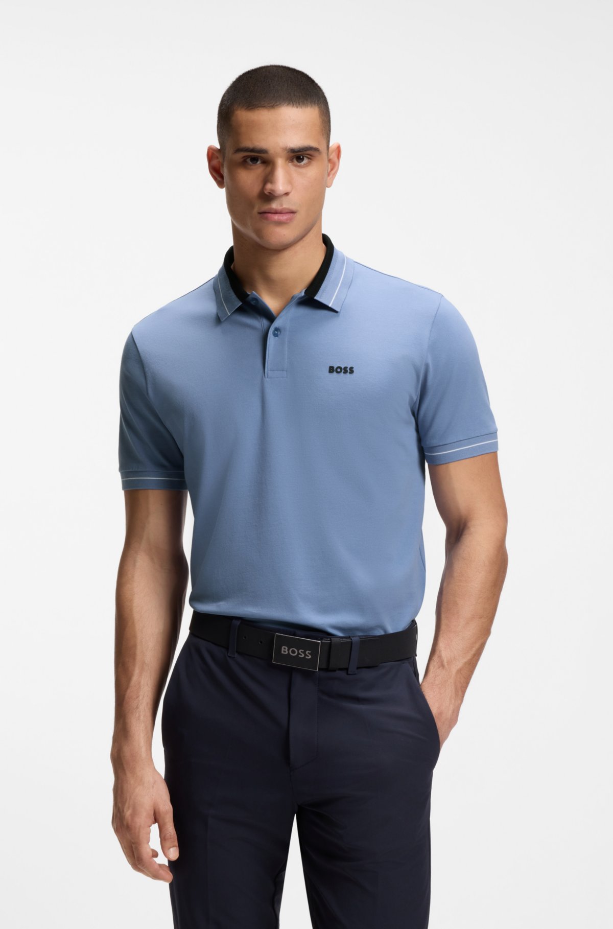 Maglietta polo con bordi in tessuto a strisce in cotone elasticizzato