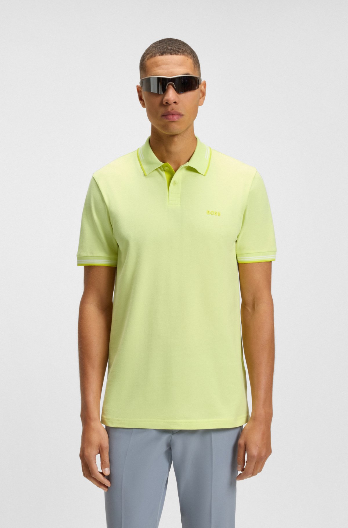 Maglietta polo aderente in cotone elasticizzato con marchio e righe