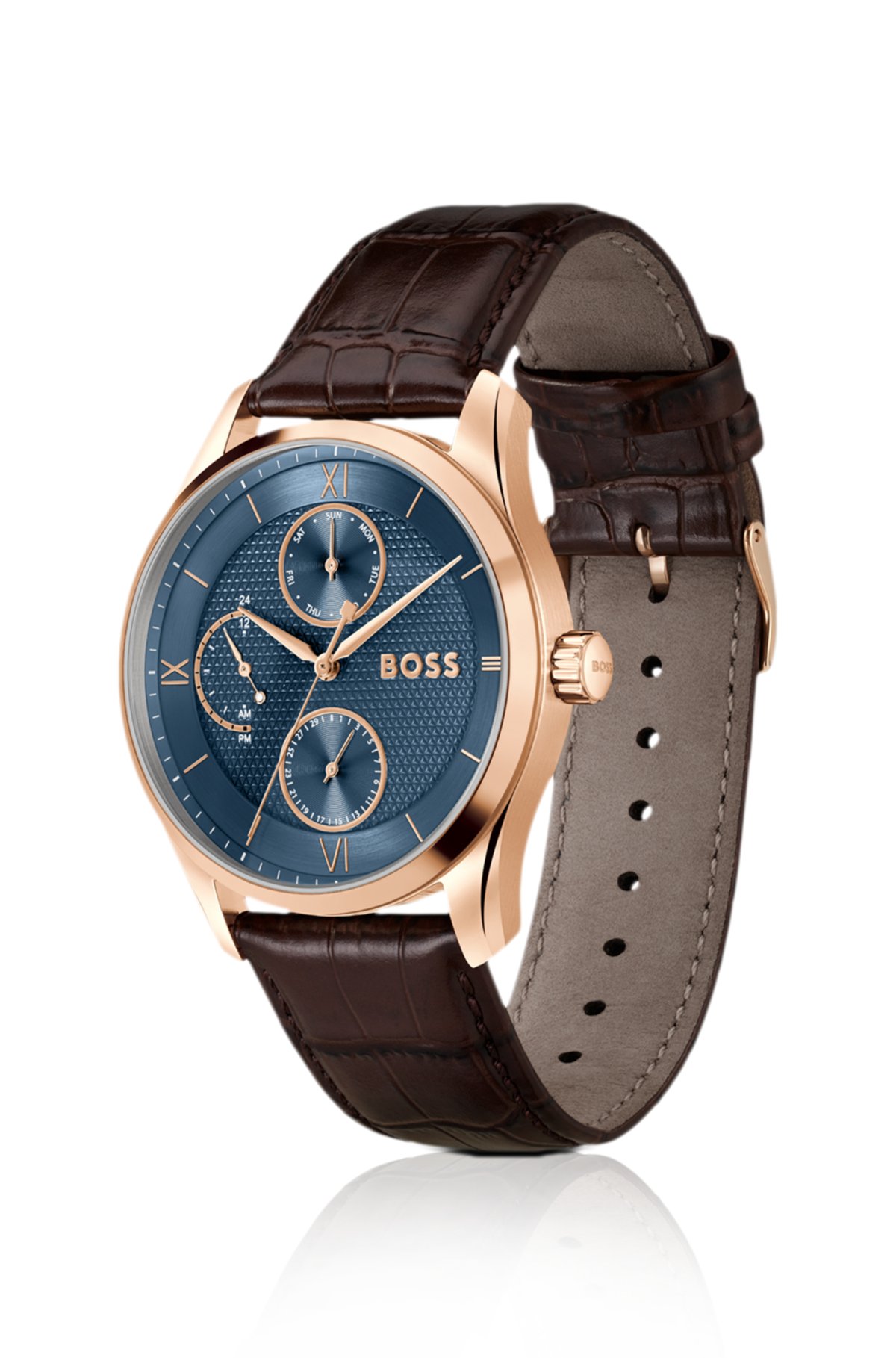 Orologio in pelle con cinturino in pelle blu a texture