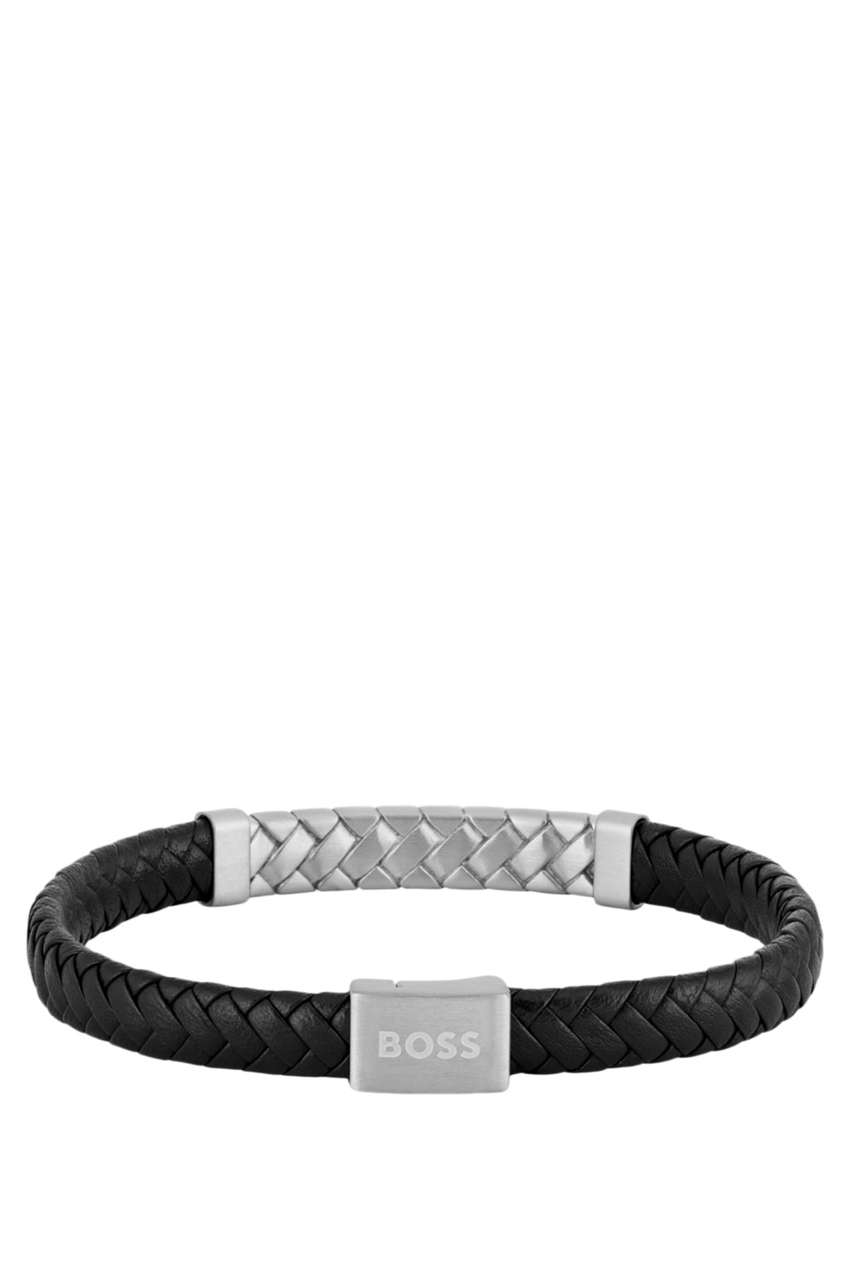 Bracciale in pelle intrecciata nera con hardware a losanga
